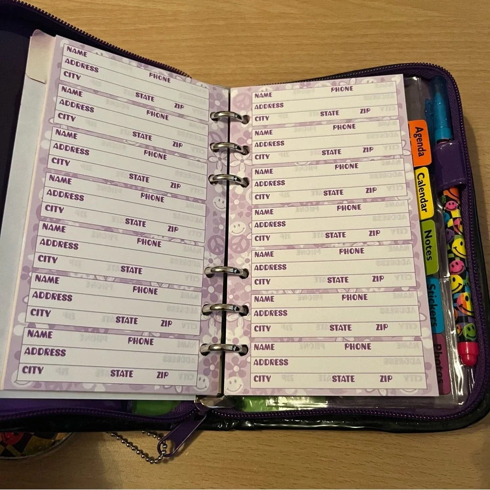 Vintage Y2K Lisa Frank Rainbow Smiley Face Zip Planner Agenda Stickers Pouch Pen